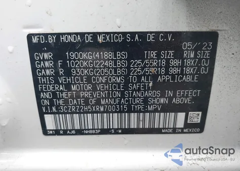 2024 Honda Hr-V Awd Sport/Awd Sport W/O Bsi z USA, uszkodzony, nr VIN 3CZRZ2H5XRM700315